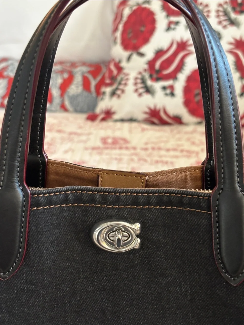 Authentic COACH Black Denim Willow Tote w Blk/Red Trimmed Leather